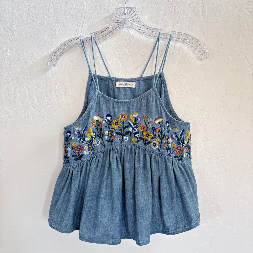 Natural Life Erin Embroidered Chambray Tank S Denim Floral Boho Cotton Hippie